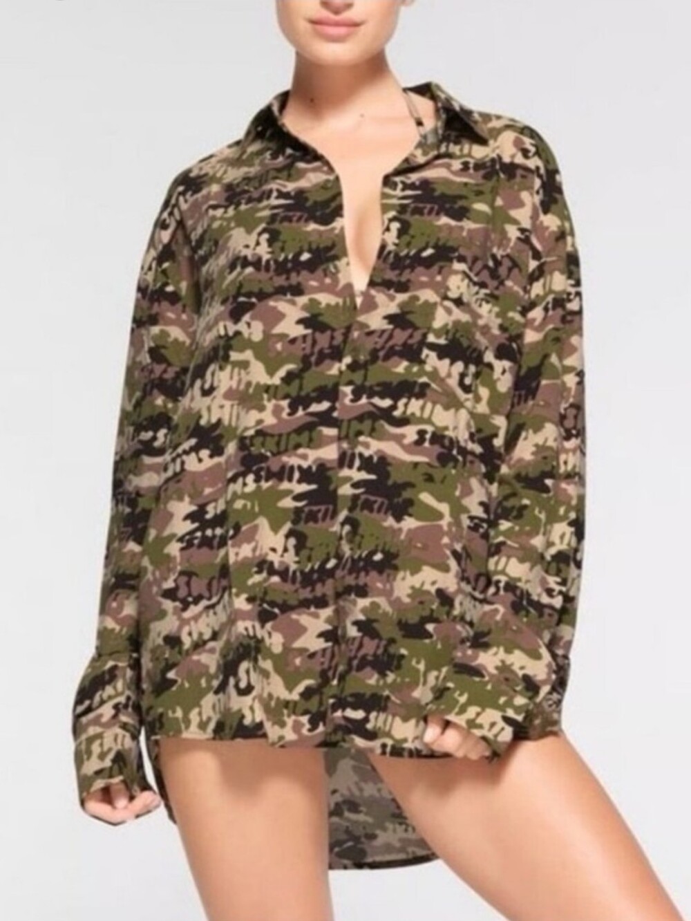Women's Camouflage Button-Front Tunic Top - Olive Camo Skims